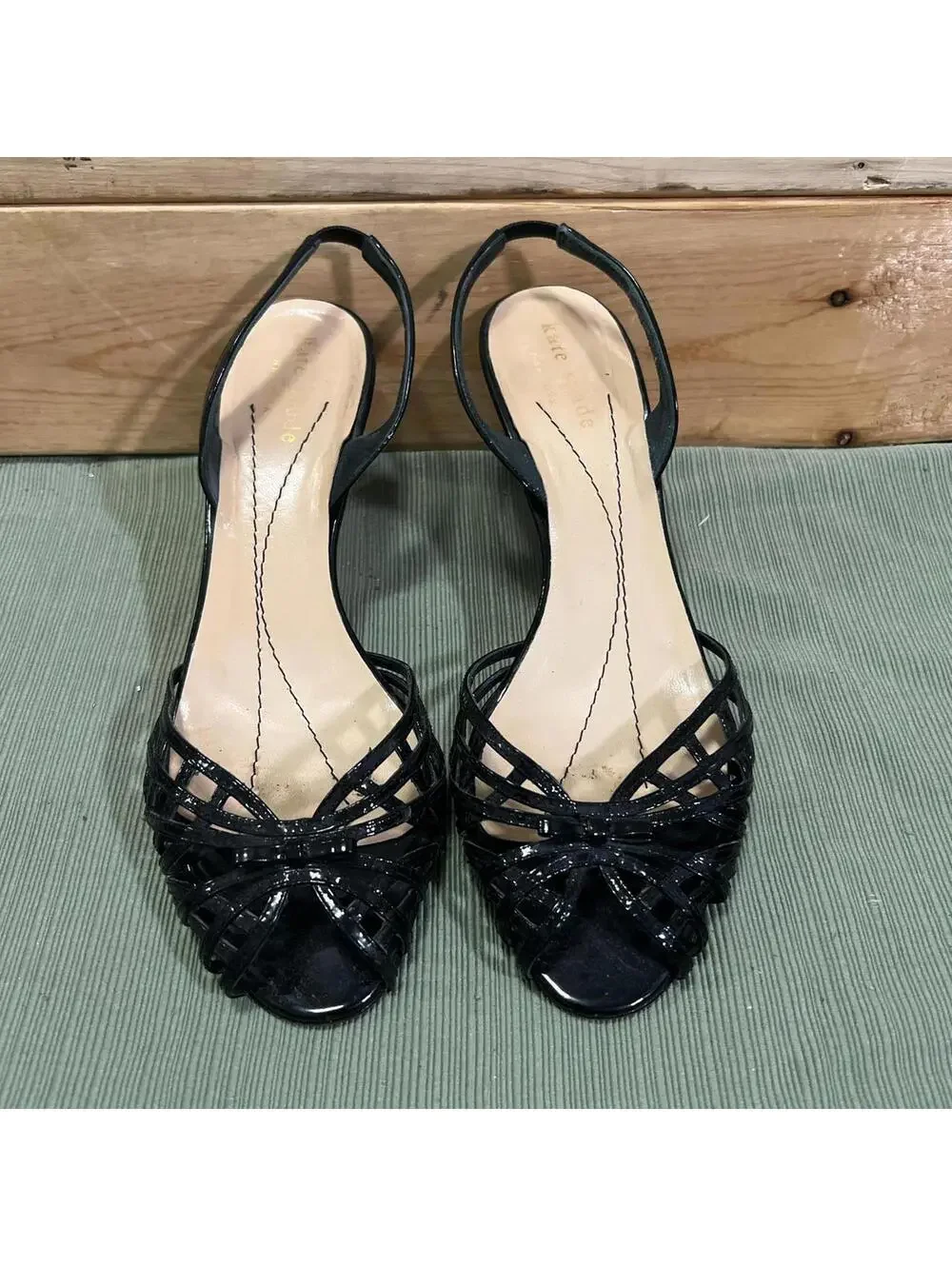 Kate Spade New York Black Patent Leather Kitten Heel Slingback Sandals Size 6 B